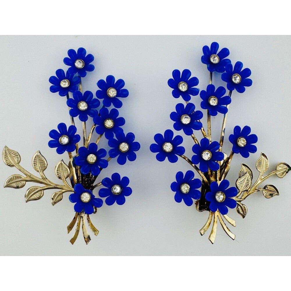 Vintage Coro Blue Flower Rhinestone Clip On Earrings Gold Tone Floral Bouquet
